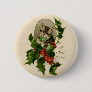 Cat Christmas Merry Holly Kitten Antique Art Button