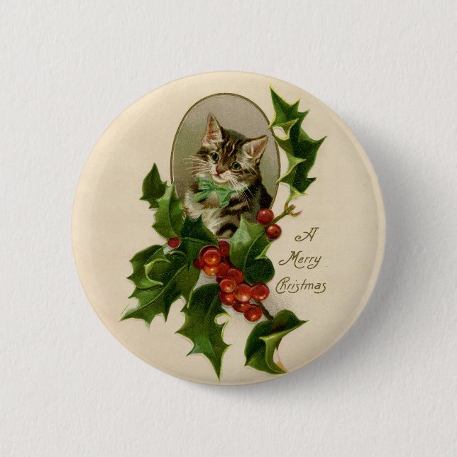 Cat Christmas Merry Holly Kitten Antique Art Button (Front)