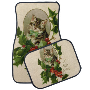 Cat Christmas Merry Holly Kitten Antique Art Car Floor Mat