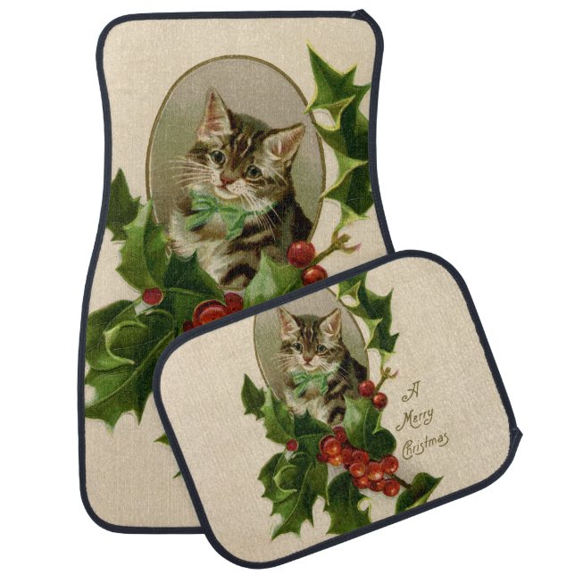 Cat Christmas Merry Holly Kitten Antique Art Car Floor Mat (Set)