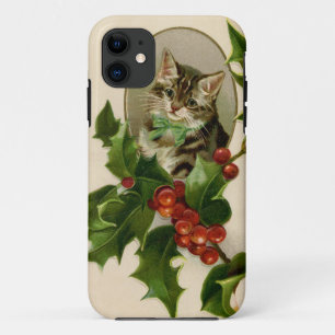 Cat Christmas Merry Holly Kitten Antique Art iPhone 11 Case