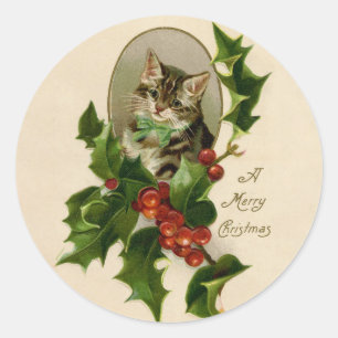 Cat Christmas Merry Holly Kitten Antique Art Classic Round Sticker
