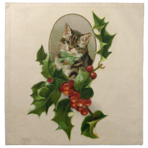 Cat Christmas Merry Holly Kitten Antique Art Cloth Napkin