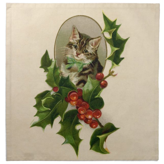 Cat Christmas Merry Holly Kitten Antique Art Cloth Napkin (Front)