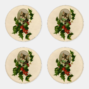 Cat Christmas Merry Holly Kitten Antique Art Coaster Set
