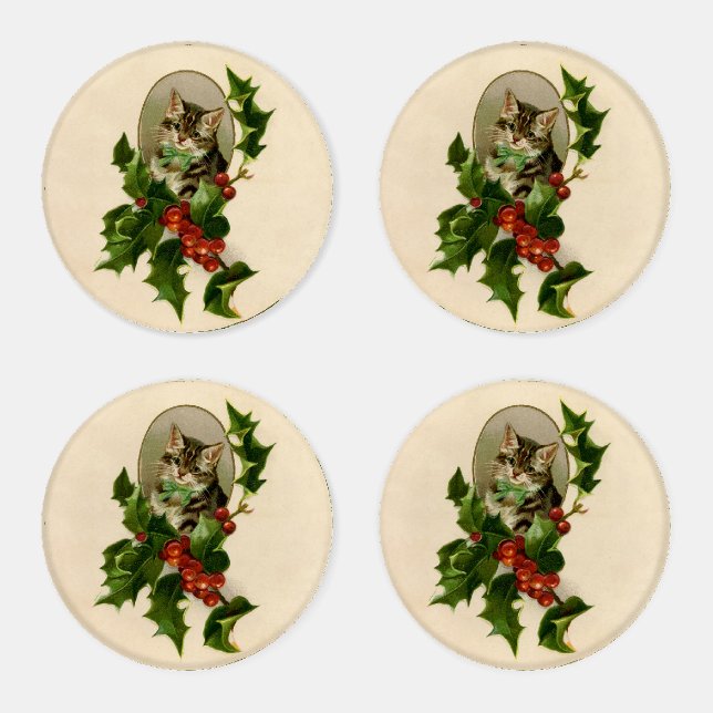 Cat Christmas Merry Holly Kitten Antique Art Coaster Set (Set)