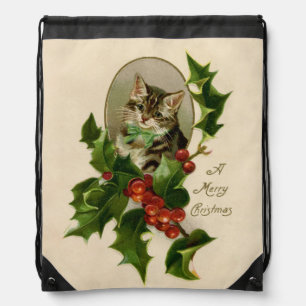 Cat Christmas Merry Holly Kitten Antique Art Drawstring Bag