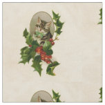 Cat Christmas Merry Holly Kitten Antique Art Fabric