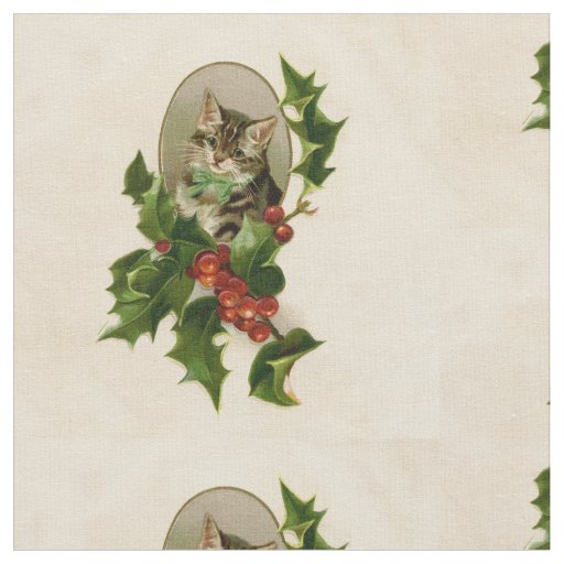Cat Christmas Merry Holly Kitten Antique Art Fabric