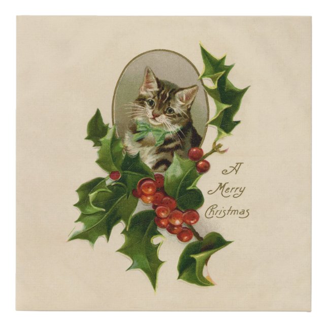 Cat Christmas Merry Holly Kitten Antique Art Faux Canvas Print (Front)