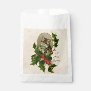 Cat Christmas Merry Holly Kitten Antique Art Favor Bag