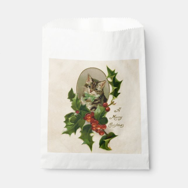 Cat Christmas Merry Holly Kitten Antique Art Favor Bag (Front)