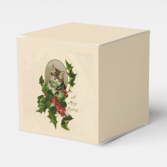 Cat Christmas Merry Holly Kitten Antique Art Favor Boxes (Front Side)