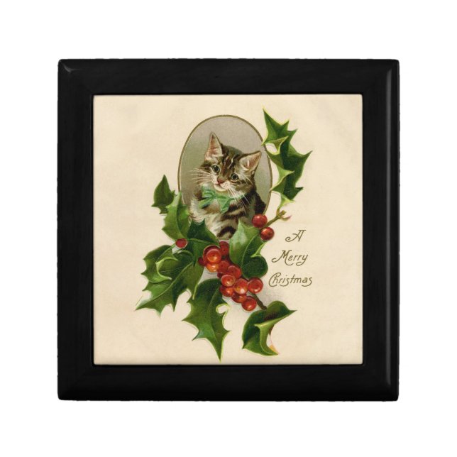 Cat Christmas Merry Holly Kitten Antique Art Gift Box (Front)