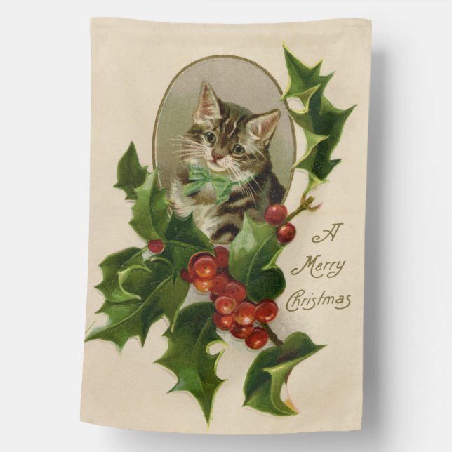 Cat Christmas Merry Holly Kitten Antique Art House Flag (Front)