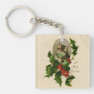 Cat Christmas Merry Holly Kitten Antique Art Keychain