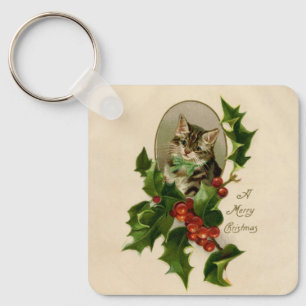 Cat Christmas Merry Holly Kitten Antique Art Keychain