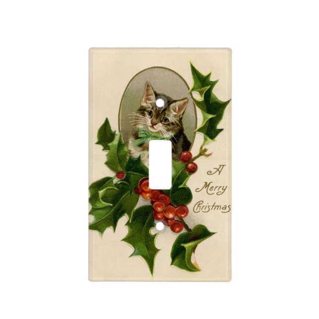Cat Christmas Merry Holly Kitten Antique Art Light Switch Cover (Front)