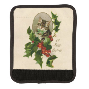 Cat Christmas Merry Holly Kitten Antique Art Luggage Handle Wrap