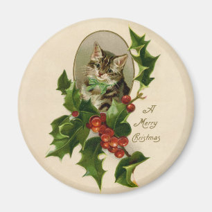 Cat Christmas Merry Holly Kitten Antique Art Magnet