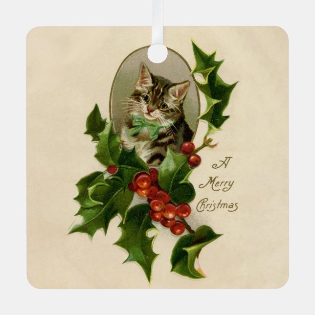 Cat Christmas Merry Holly Kitten Antique Art Metal Ornament (Front)