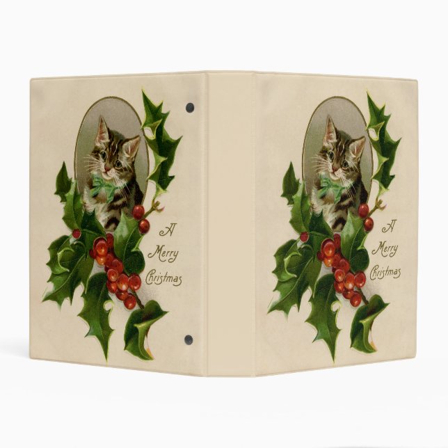 Cat Christmas Merry Holly Kitten Antique Art Mini Binder (Background)