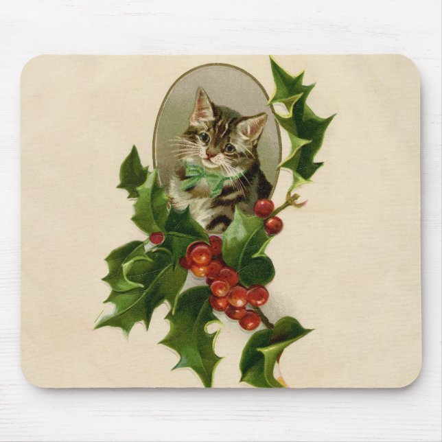 Cat Christmas Merry Holly Kitten Antique Art Mouse Pad (Front)