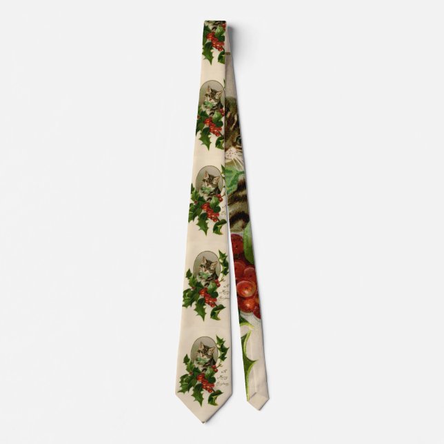 Cat Christmas Merry Holly Kitten Antique Art Neck Tie (Front)