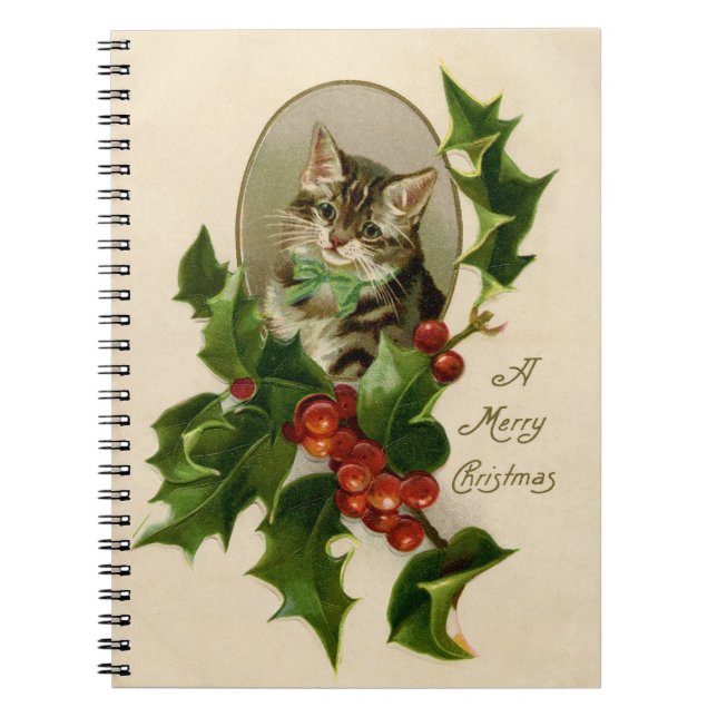 Cat Christmas Merry Holly Kitten Antique Art Notebook (Front)