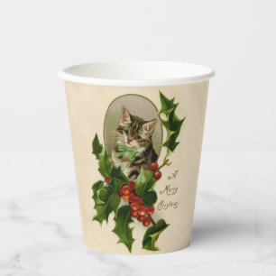 Cat Christmas Merry Holly Kitten Antique Art Paper Cups