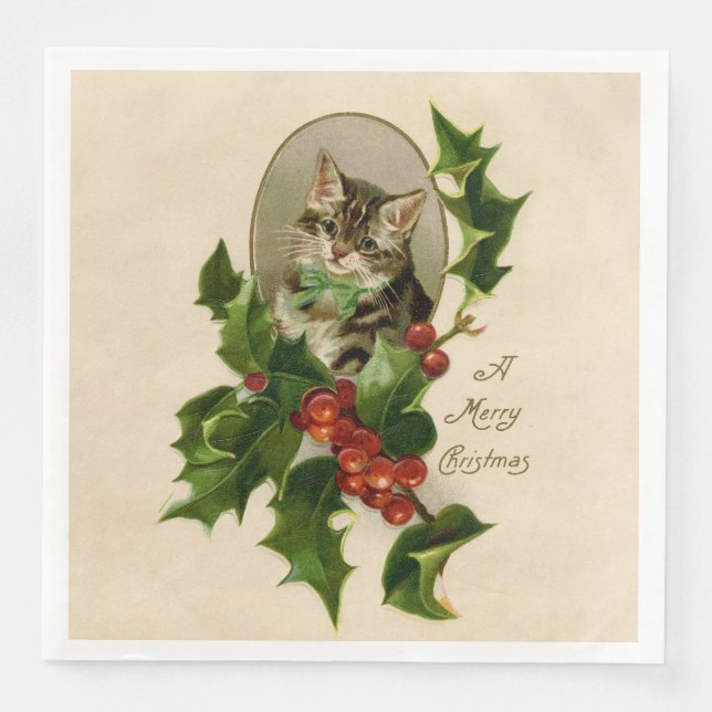 Cat Christmas Merry Holly Kitten Antique Art Paper Dinner Napkins (Front)