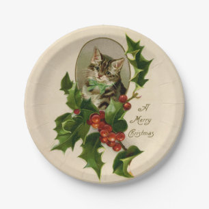 Cat Christmas Merry Holly Kitten Antique Art Paper Plates
