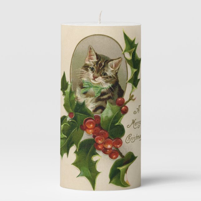 Cat Christmas Merry Holly Kitten Antique Art Pillar Candle (Front)