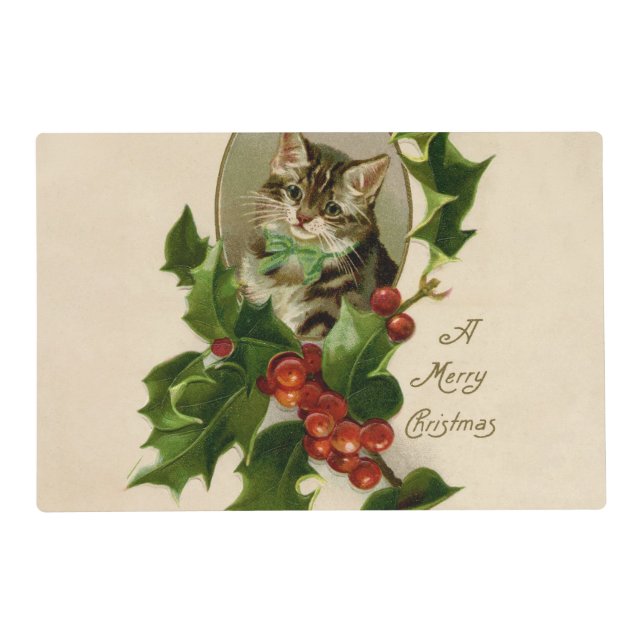 Cat Christmas Merry Holly Kitten Antique Art Placemat (Front)