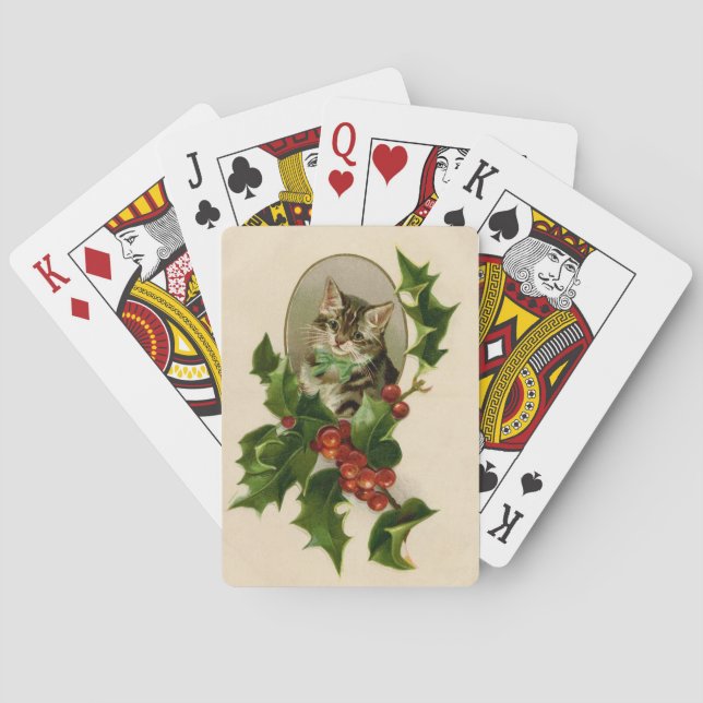 Cat Christmas Merry Holly Kitten Antique Art Poker Cards (Back)
