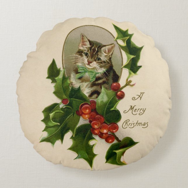 Cat Christmas Merry Holly Kitten Antique Art Round Pillow (Front)