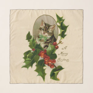 Cat Christmas Merry Holly Kitten Antique Art Scarf