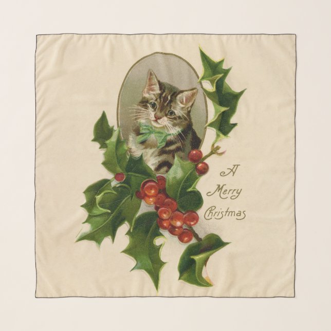 Cat Christmas Merry Holly Kitten Antique Art Scarf (Front)