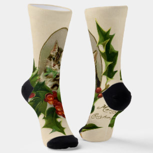 Cat Christmas Merry Holly Kitten Antique Art Socks