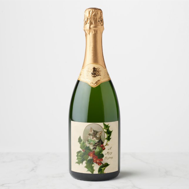 Cat Christmas Merry Holly Kitten Antique Art Sparkling Wine Label (Front)