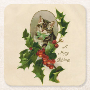 Cat Christmas Merry Holly Kitten Antique Art Square Paper Coaster