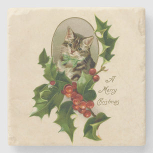 Cat Christmas Merry Holly Kitten Antique Art Stone Coaster