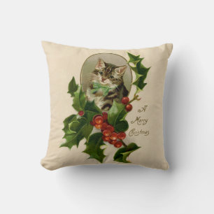 Cat Christmas Merry Holly Kitten Antique Art Throw Pillow