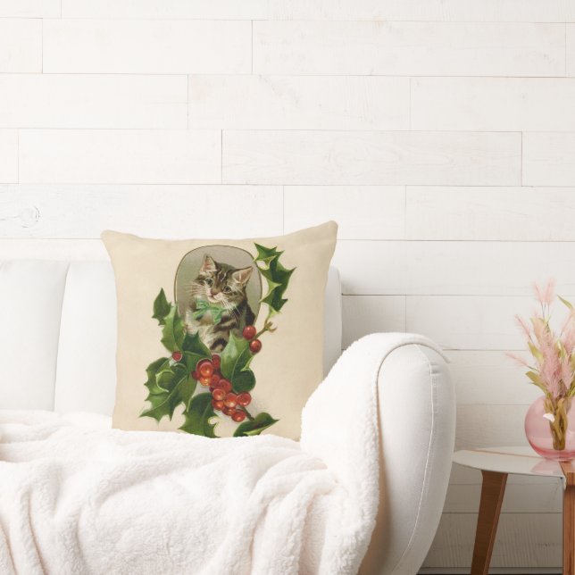 Cat Christmas Merry Holly Kitten Antique Art Throw Pillow (Couch)