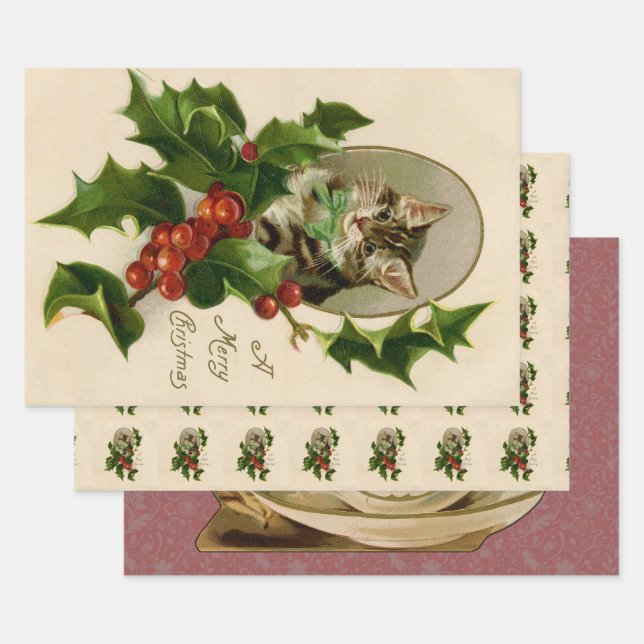 Cat Christmas Merry Holly Kitten Antique Art Wrapping Paper Sheets (Set)