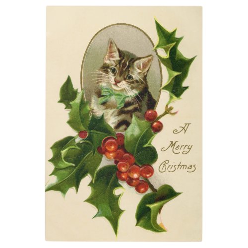 Cat Christmas Merry Holly Kitty Antique Art