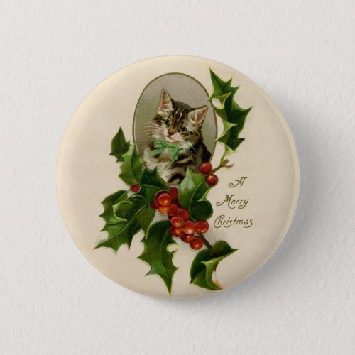 Cat Christmas Merry Holly Kitty Antique Art Button