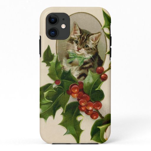 Cat Christmas Merry Holly Kitty Antique Art iPhone 11 Case