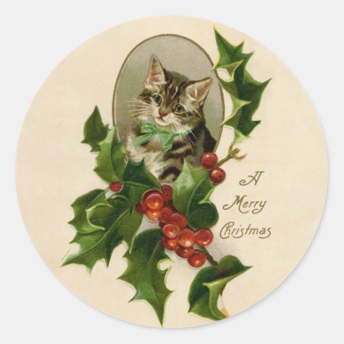 Cat Christmas Merry Holly Kitty Antique Art Classic Round Sticker