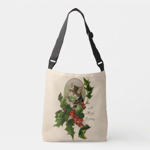 Cat Christmas Merry Holly Kitty Antique Art Crossbody Bag